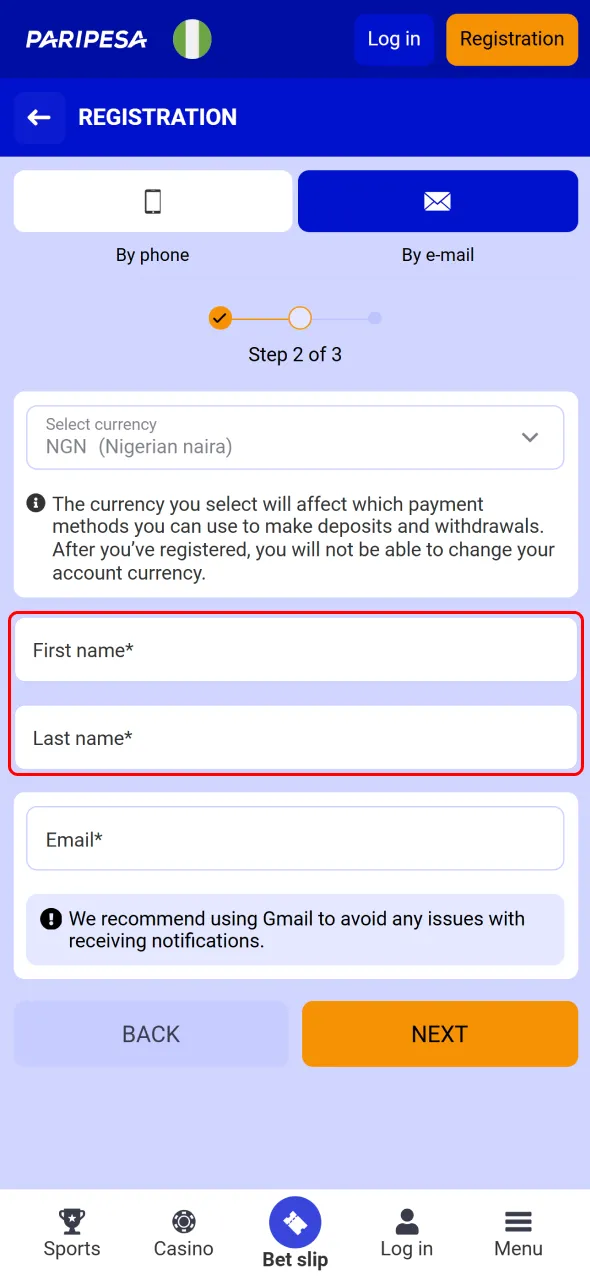 Fill in your first name and last name to complete your personal profile on Paripesa.