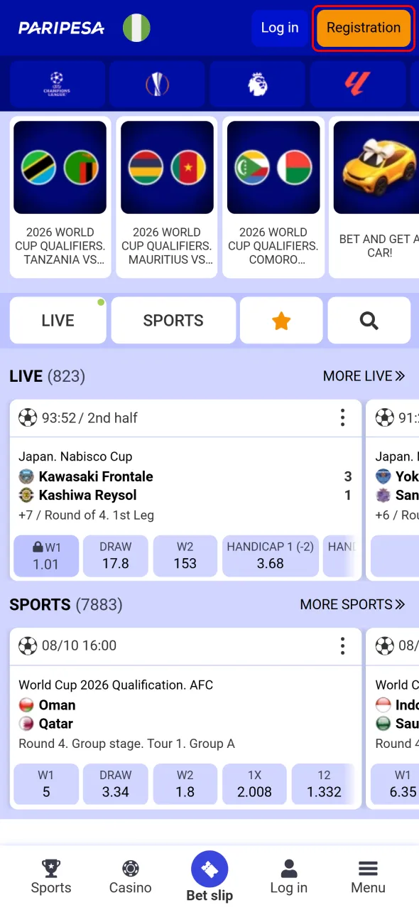 Open the website and click the Paripesa registration button to start your account creation.