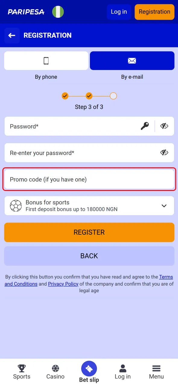 Enter a promo code if available to claim extra bonuses when you register with Paripesa.