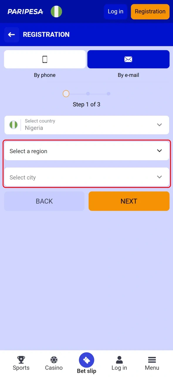 Choose your region and city to complete your location details with Paripesa.