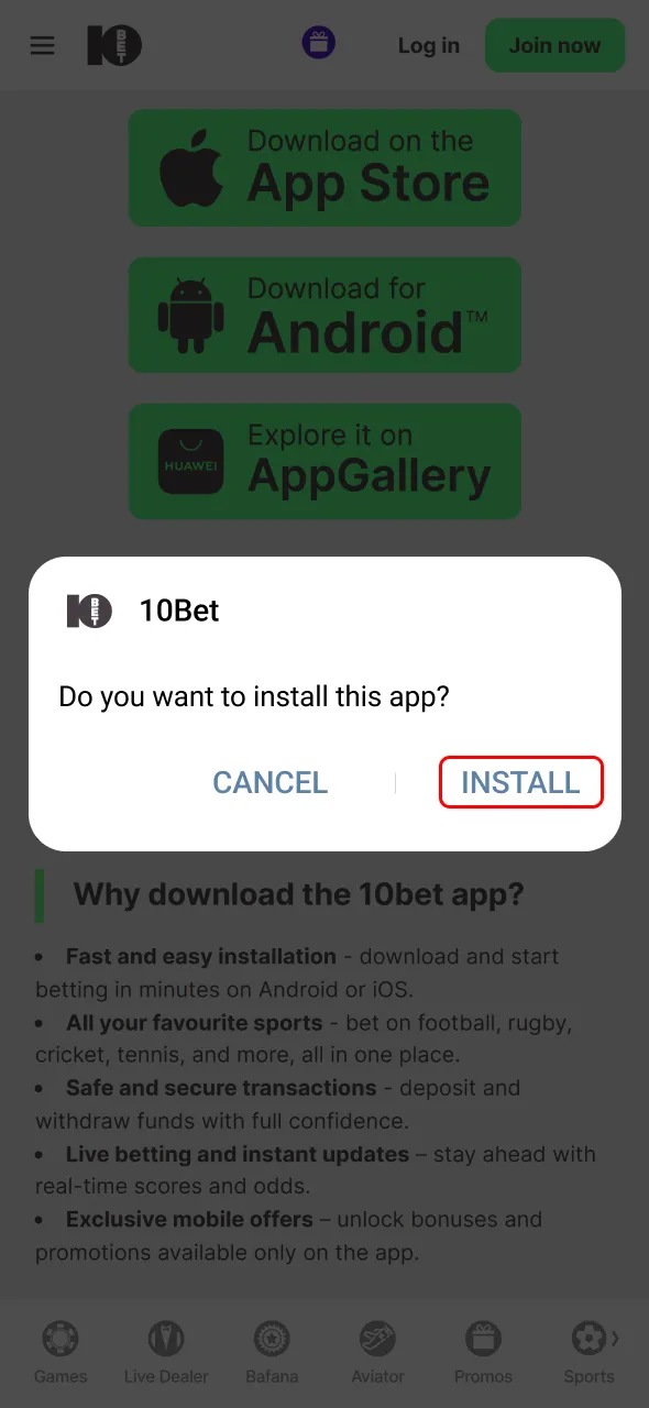 Install the 10bet App on your Android.