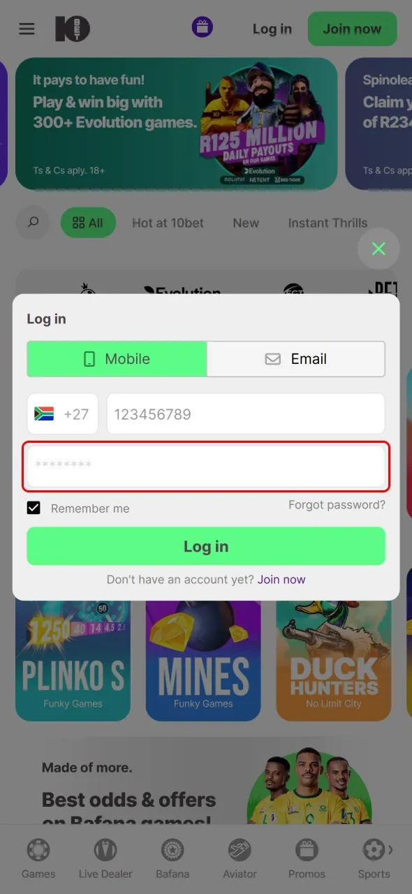 Type your password to complete your Log In to 10bet.