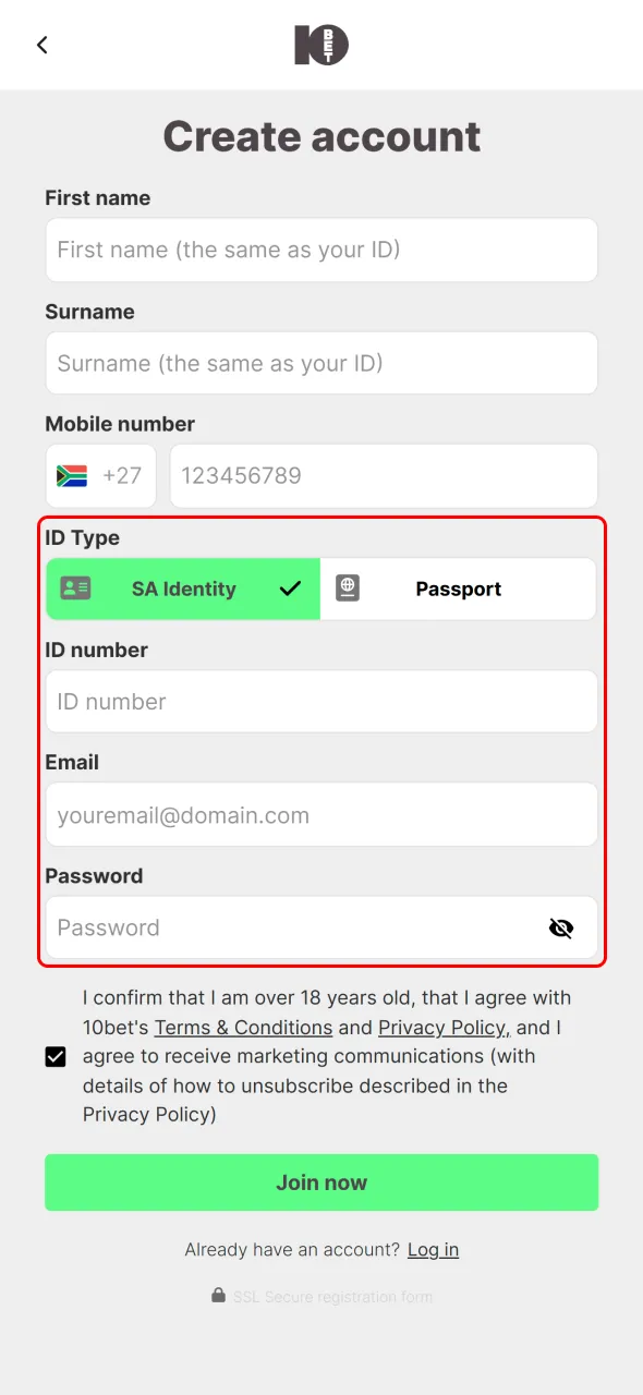 Select your identification type ID or Passport during 10bet sign up.