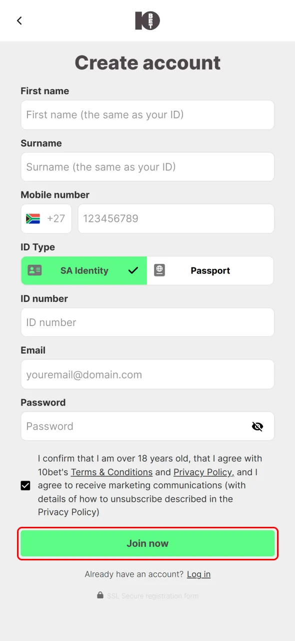 Complete registration to start betting on 10bet.