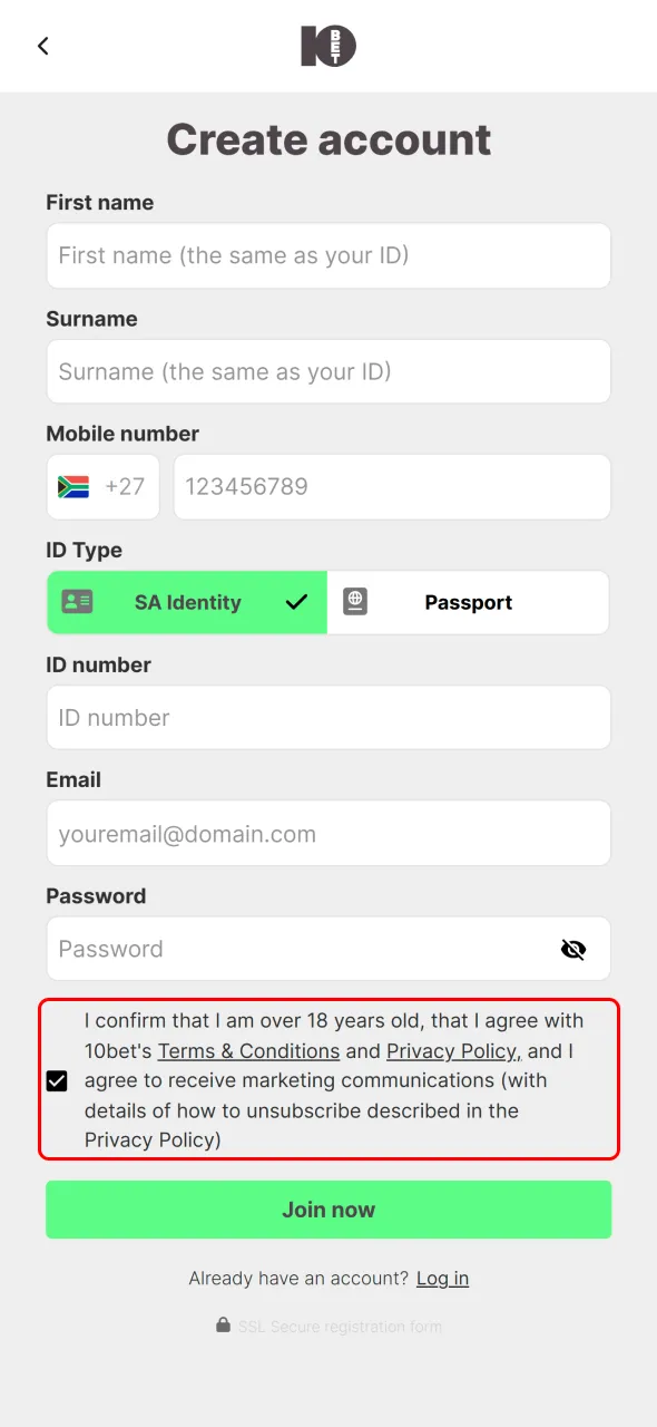 Confirm age and agree to terms to finalize legal sign up with 10bet.