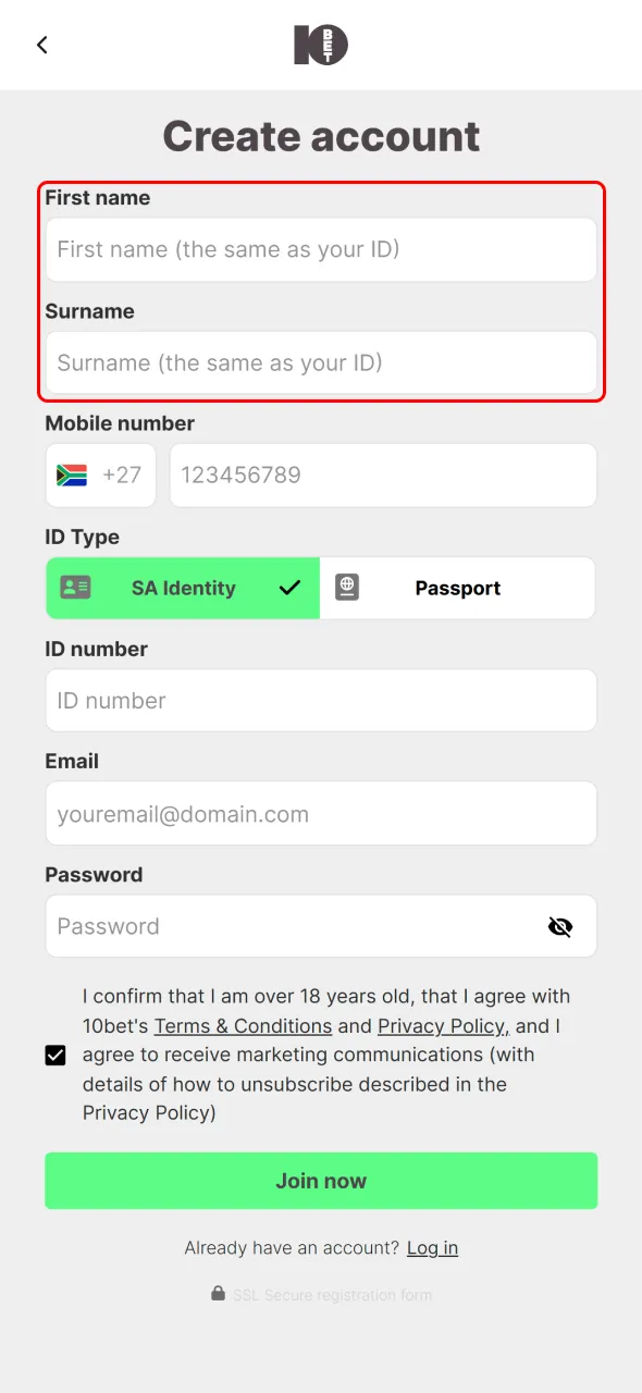Supply your accurate personal details like your name to proceed with 10bet sign up.