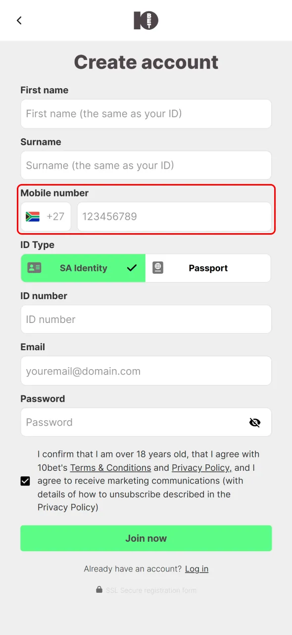 Provide contact information including your mobile number to secure your 10bet sign up.