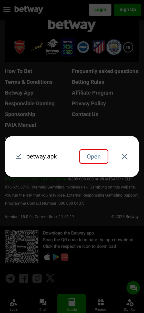 Launch the downloaded file and install the Betway app onto your Android device.