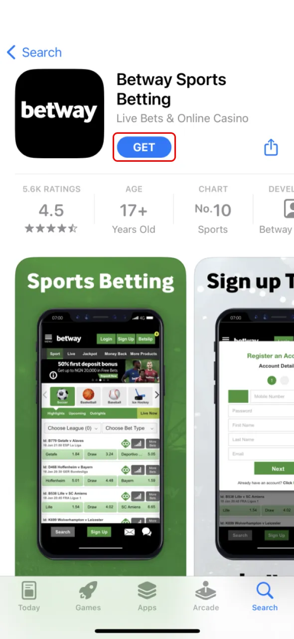 Tap Get on your iOS device to install Betway.