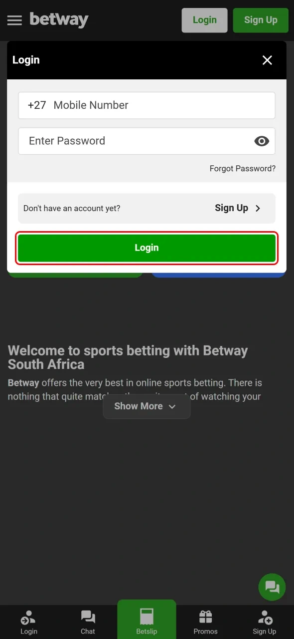 Click the white Login button to enter your Betway account.