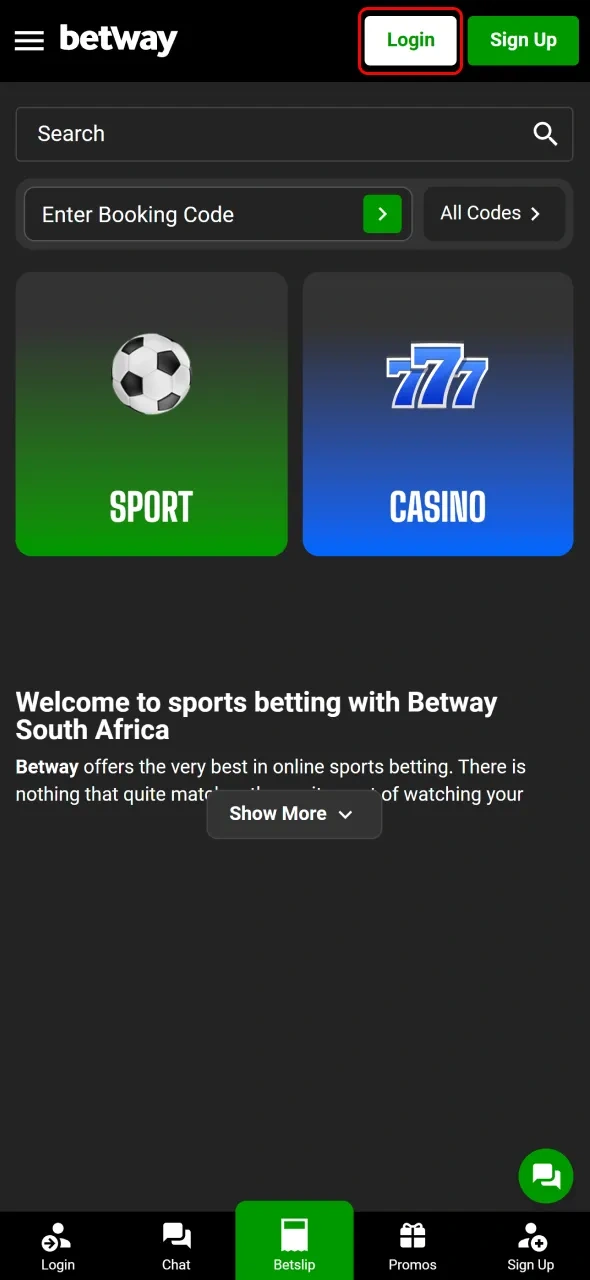 Locate the mobile number and password fields on the Betway login page.