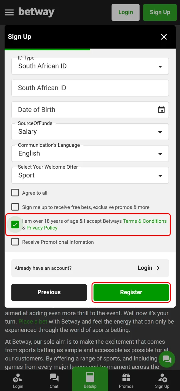 Agree to the terms and conditions and press Register to finish your Betway sign up.