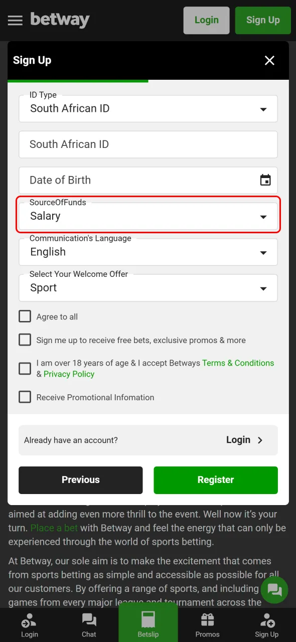 Provide your source of funds to complete profile requirements for Betway sign up.