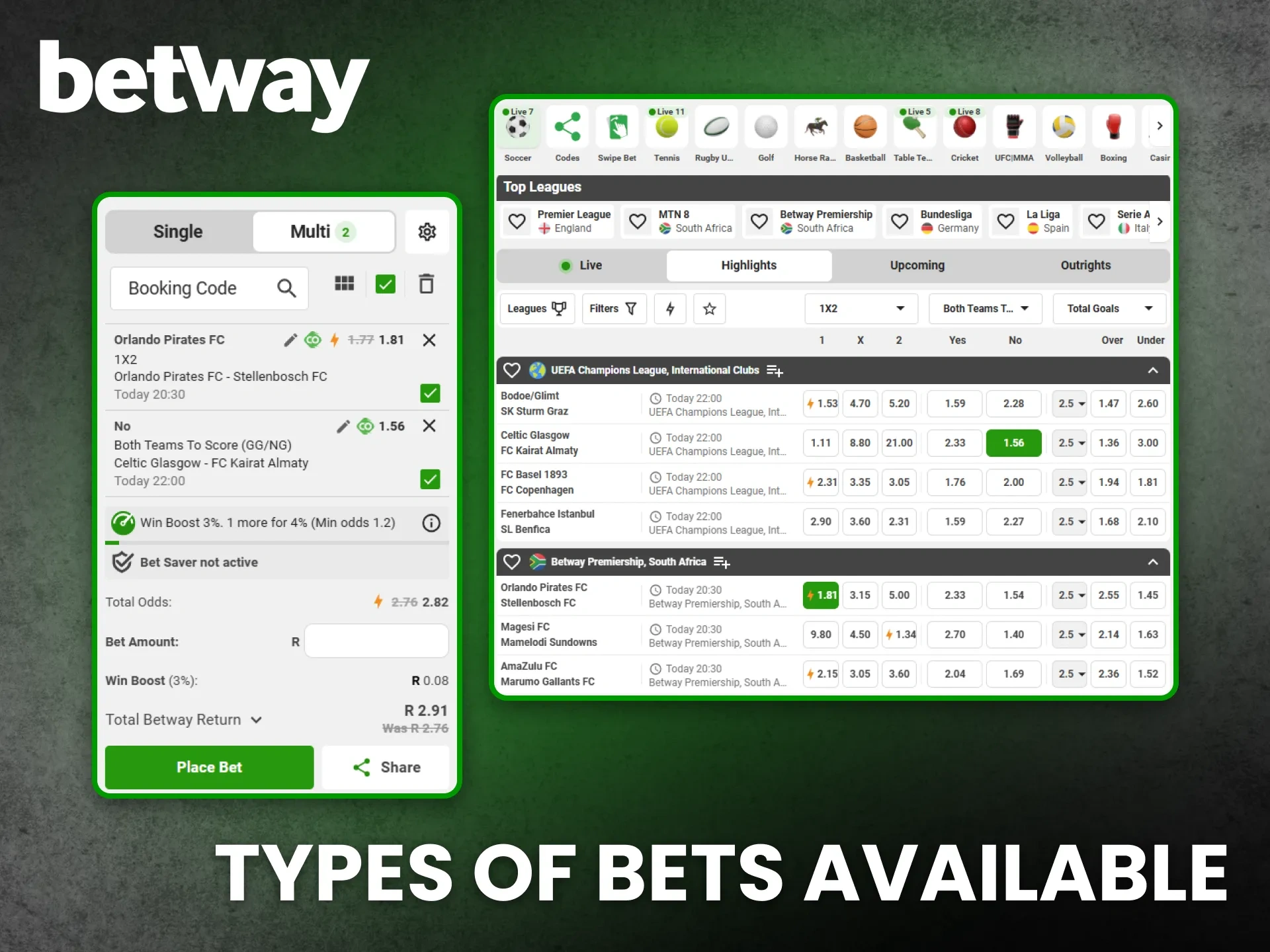 Choose your selection from the diverse types of bets available at Betway.