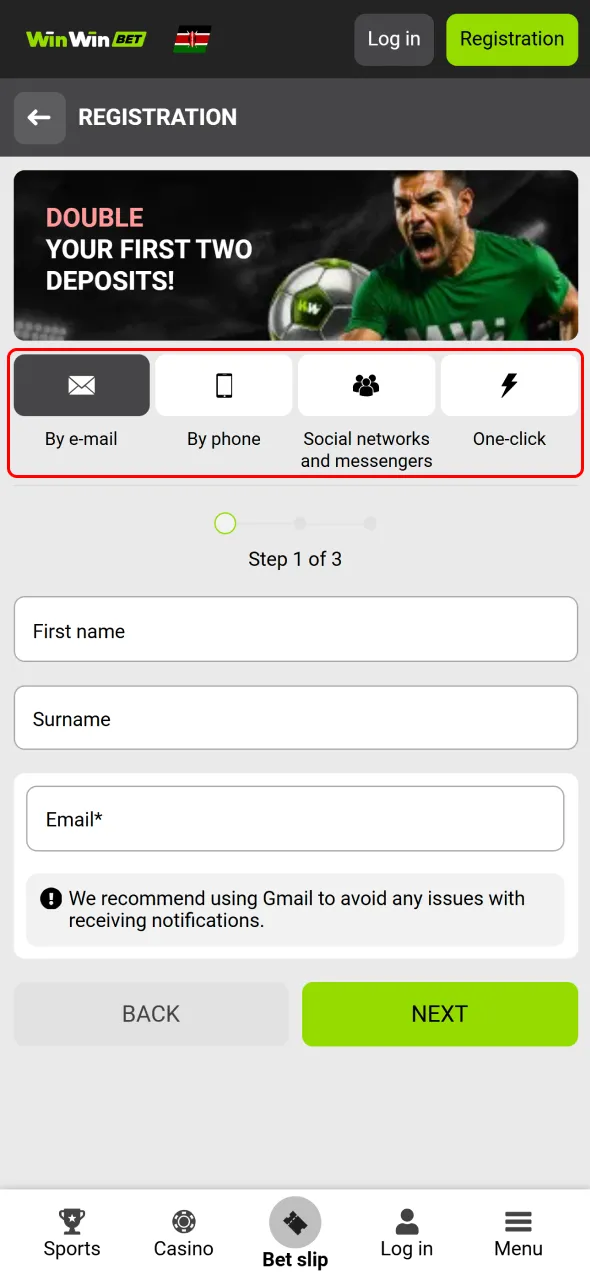 Choose your preferred sign-up method on WinWin and start betting fast.
