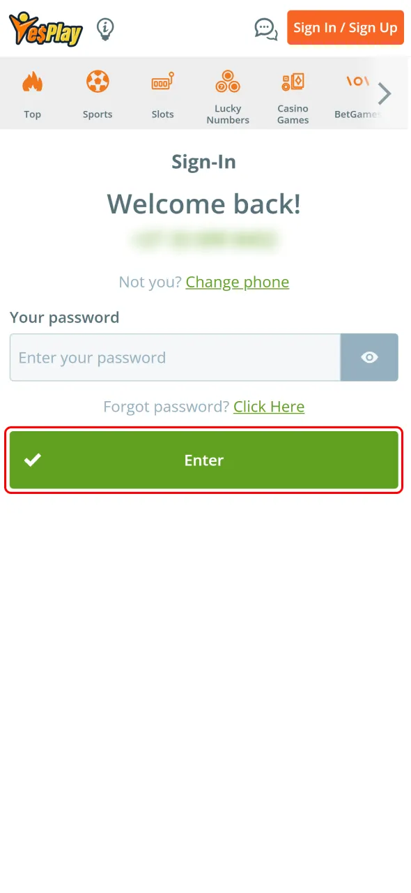 Click log in and start your YesPlay South Africa journey.