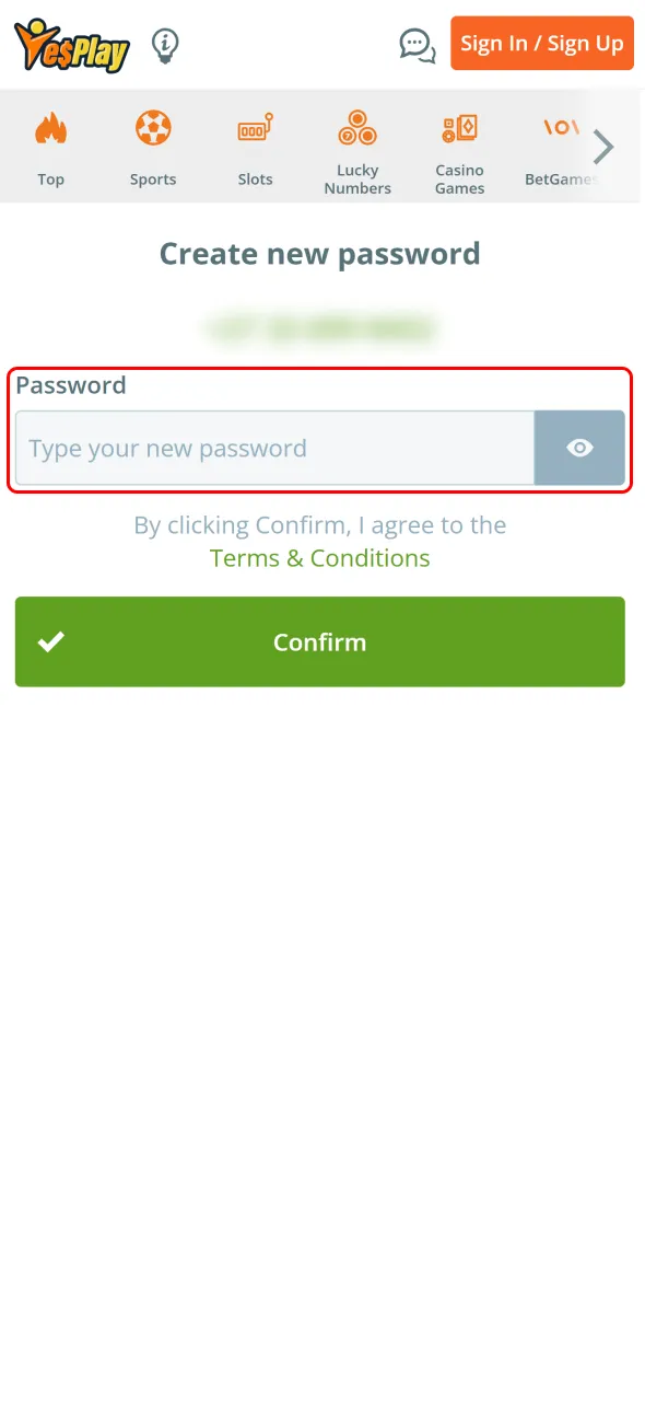 Set a password to secure your YesPlay betting account.