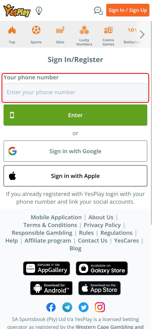 Input your phone number to create a YesPlay account easily.