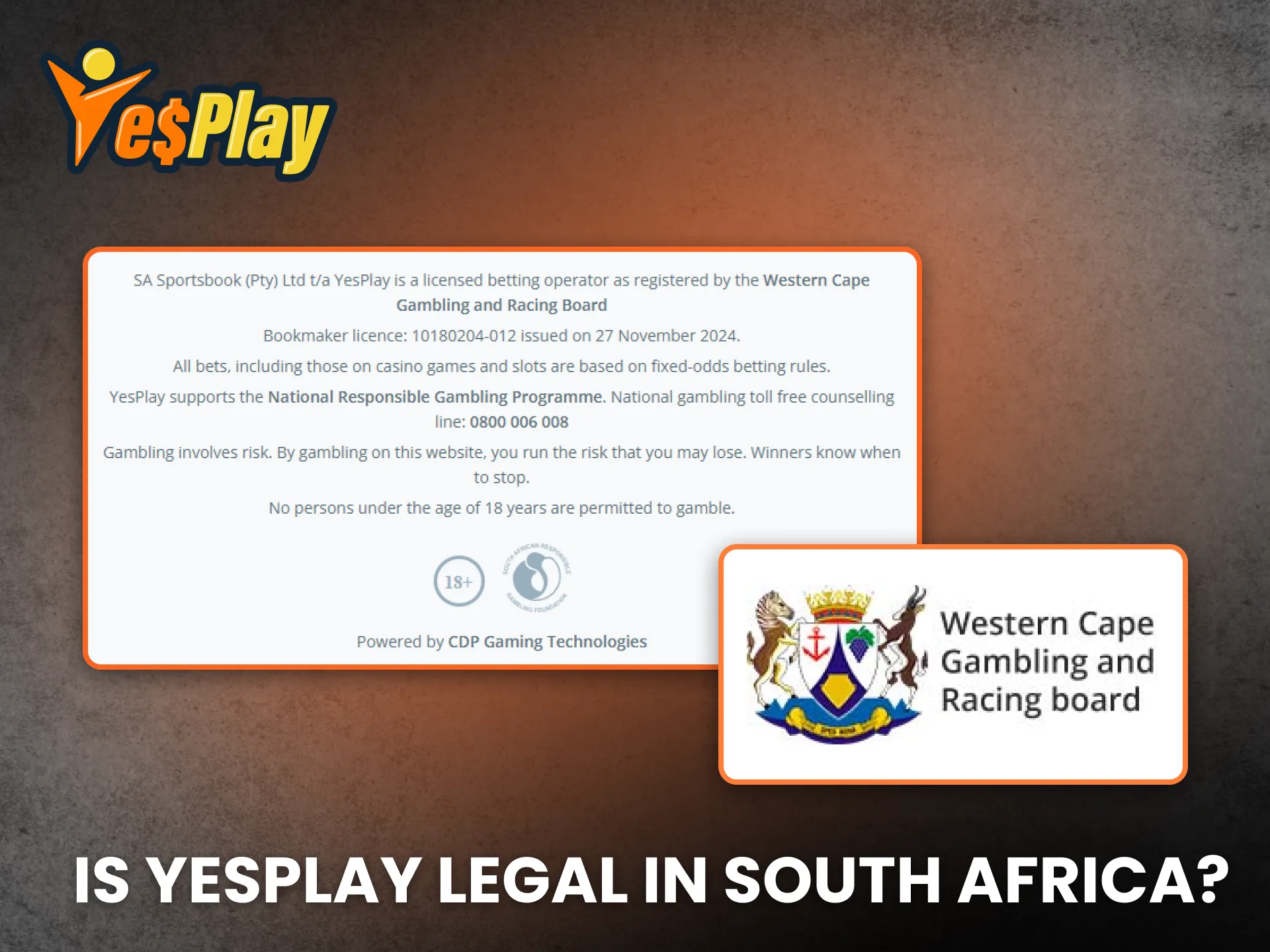 YesPlay is fully licensed and legal in South Africa.