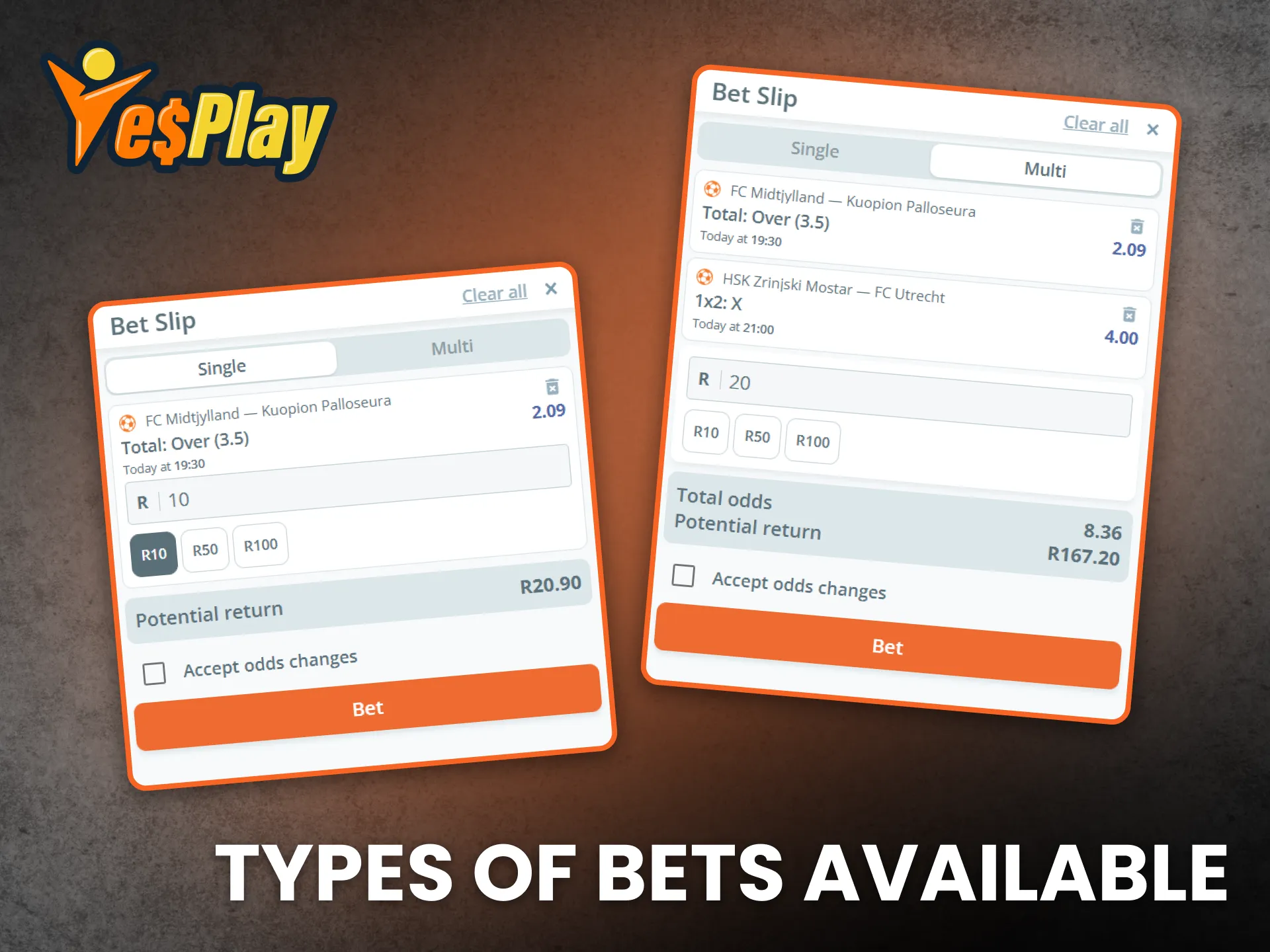 Explore the wide range of bets offered on YesPlay South Africa.