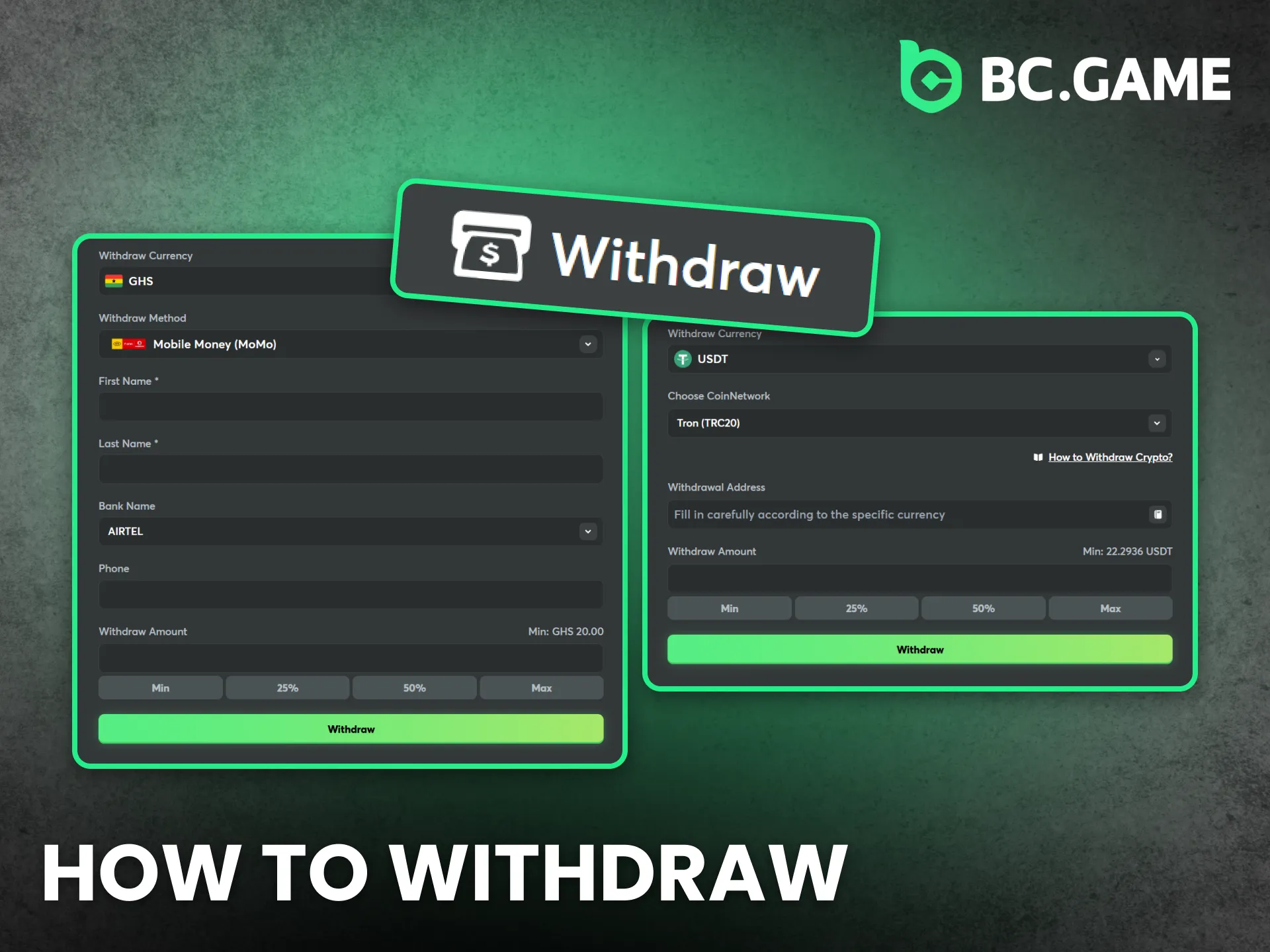 Ghana bettors withdraw funds from BC Game with reliable processing.