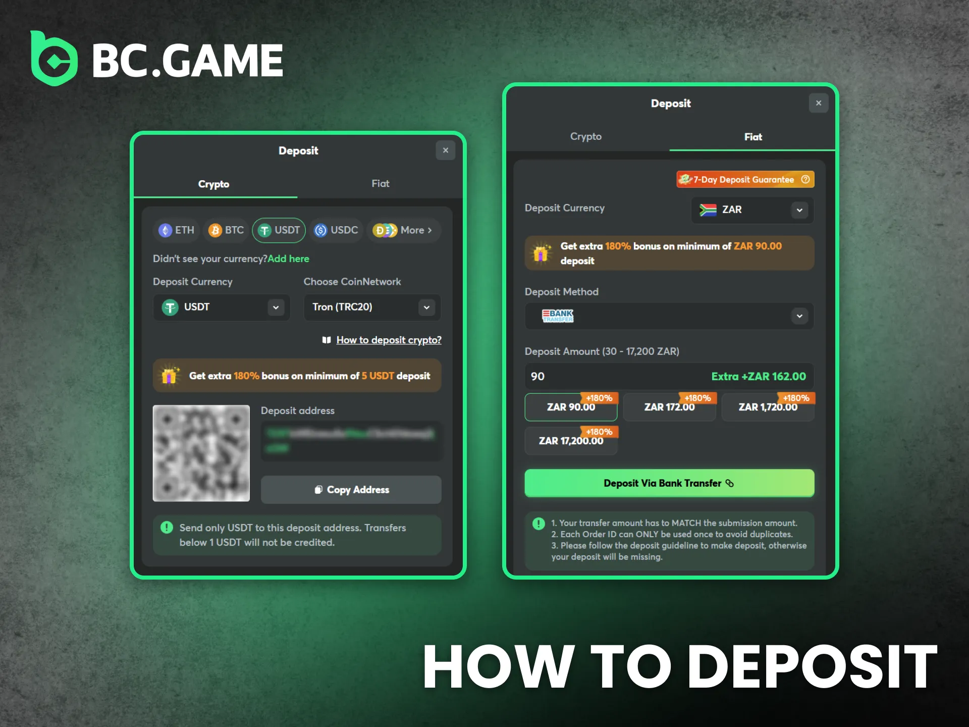 Deposit money quickly through local methods on BC Game South Africa.