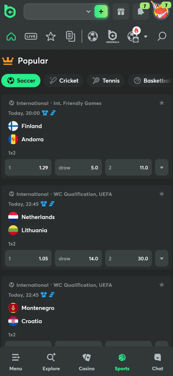 Select the desired match to see BC Game odds.