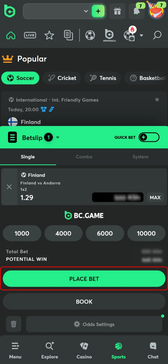 Lock in your prediction by confirming the bet on BC Game in Ghana and start winning.