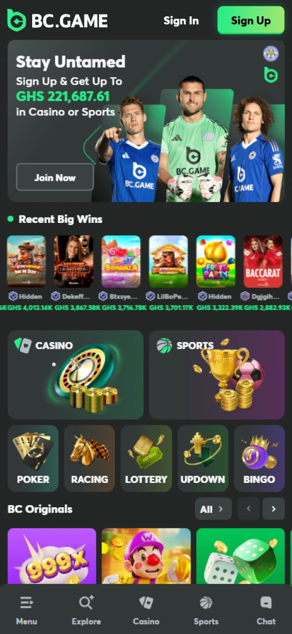 Open the BC Game website to begin downloading the app.