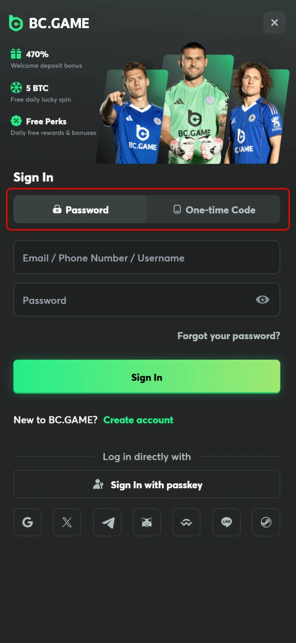 Select your method to access BC Game to sign in and play.
