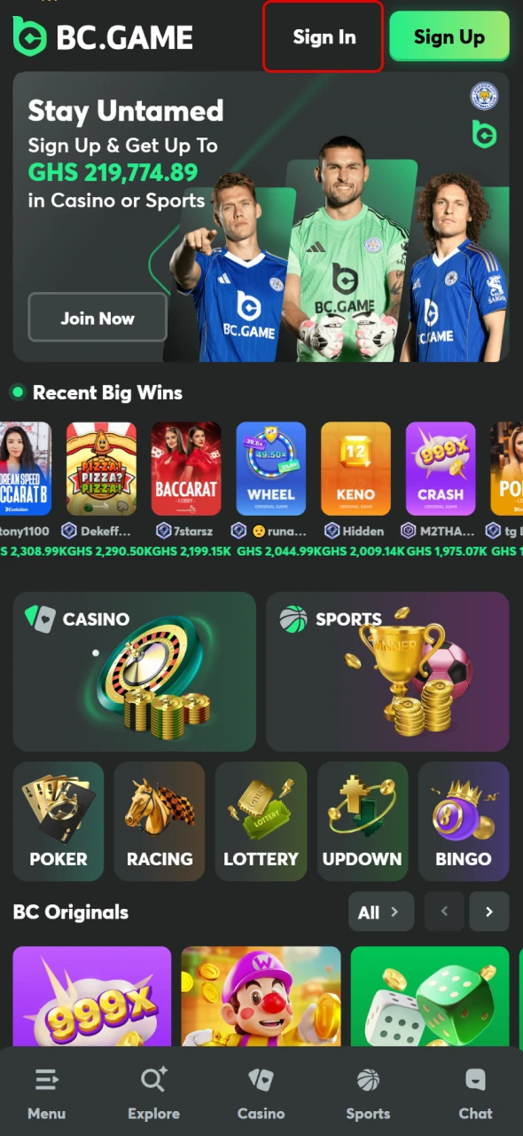 Go to the BC Game site and find the login area.