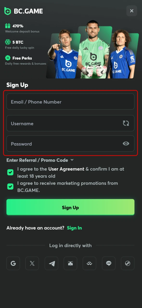Input your details to register with BC Game in Ghana.