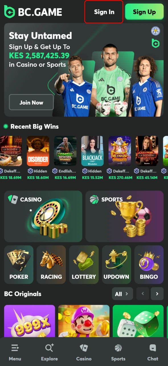 Tap the Sign In button to begin accessing your BC Game account.