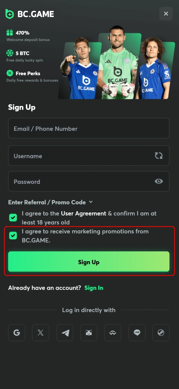 Choose marketing preferences and complete your account setup to start playing on BC Game.