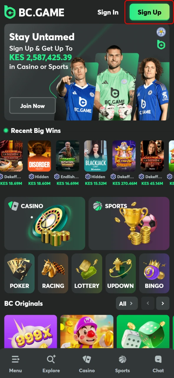 Click the Sign Up button on the BC Game homepage to start creating your account.