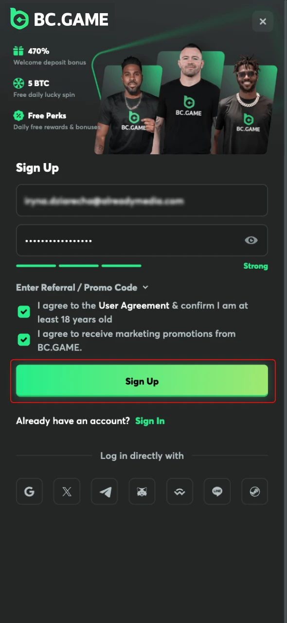 Complete the registration process by reading the BC Game online casino requirements.