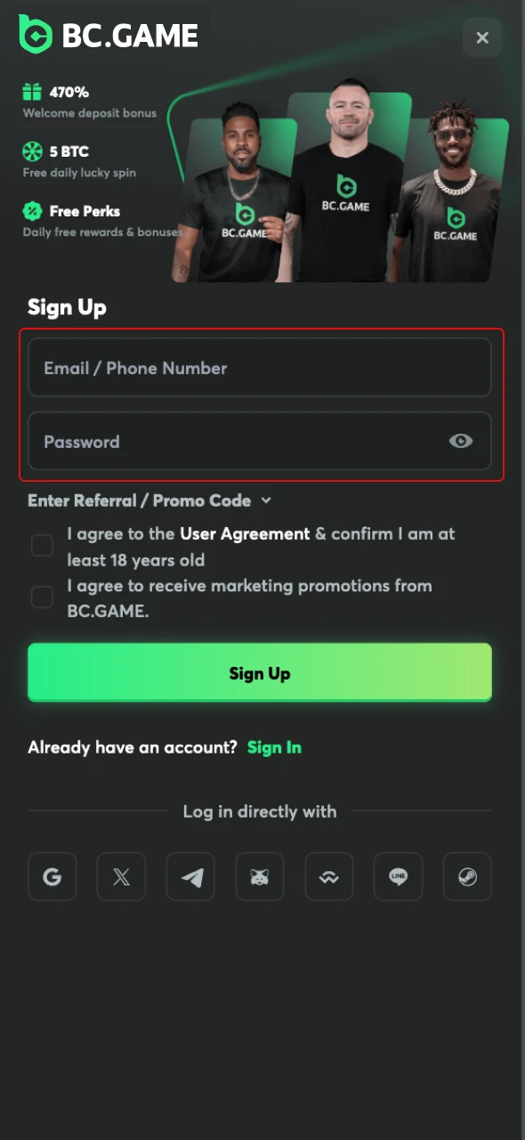 Enter your details in the form to create an account at BC Game online casino.
