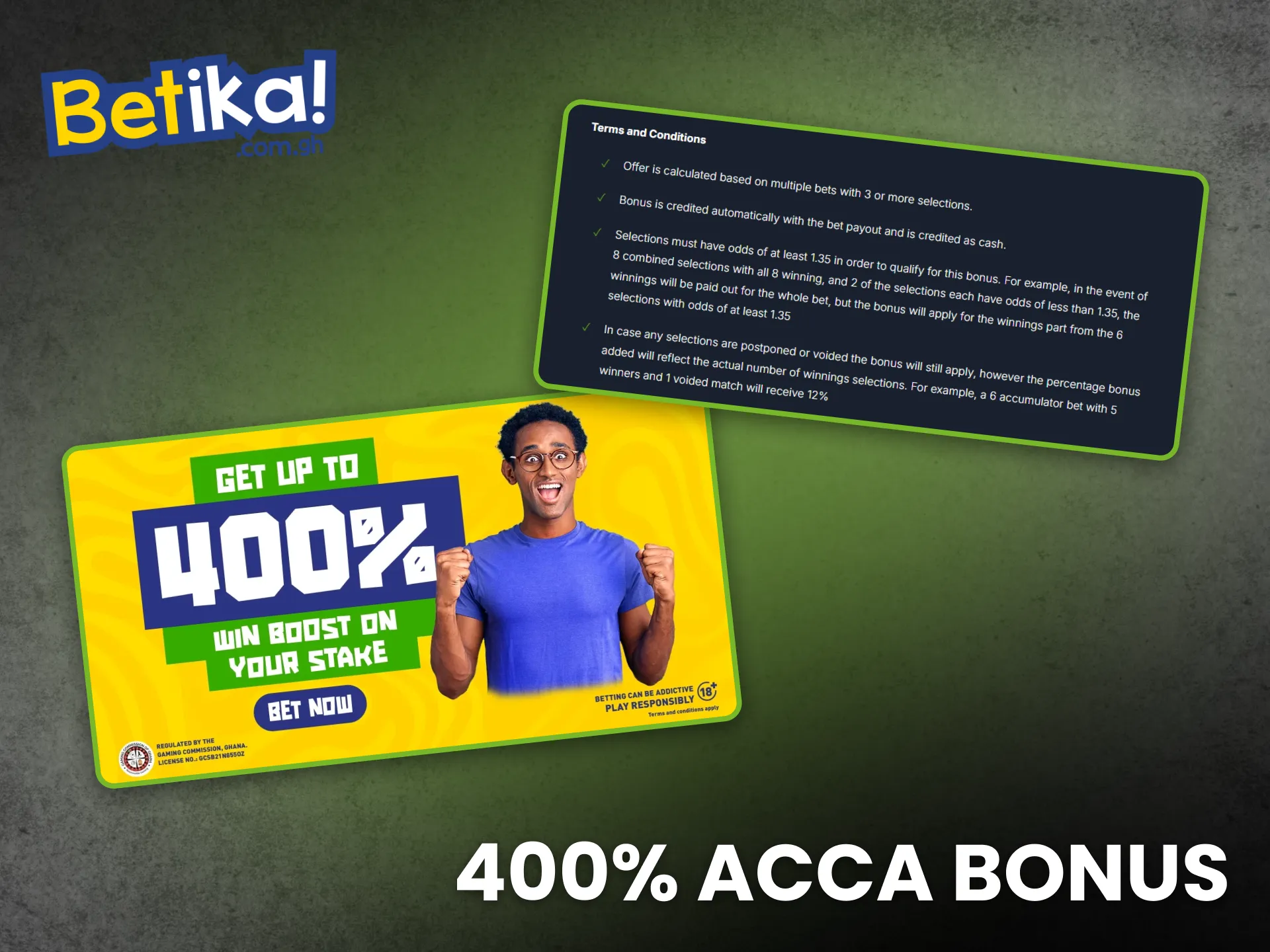 Players in Ghana enjoy a 400% ACCA Bonus with Betika.