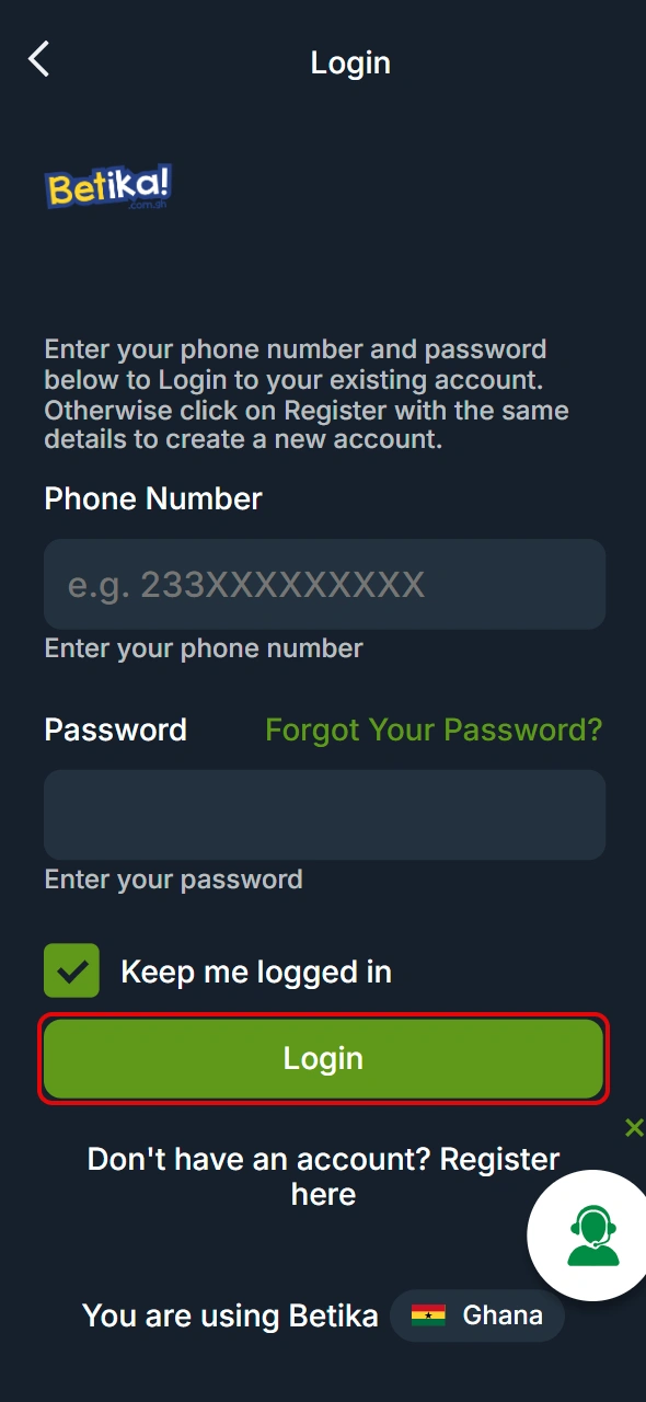 Press the login button again to access Betika Ghana platform.