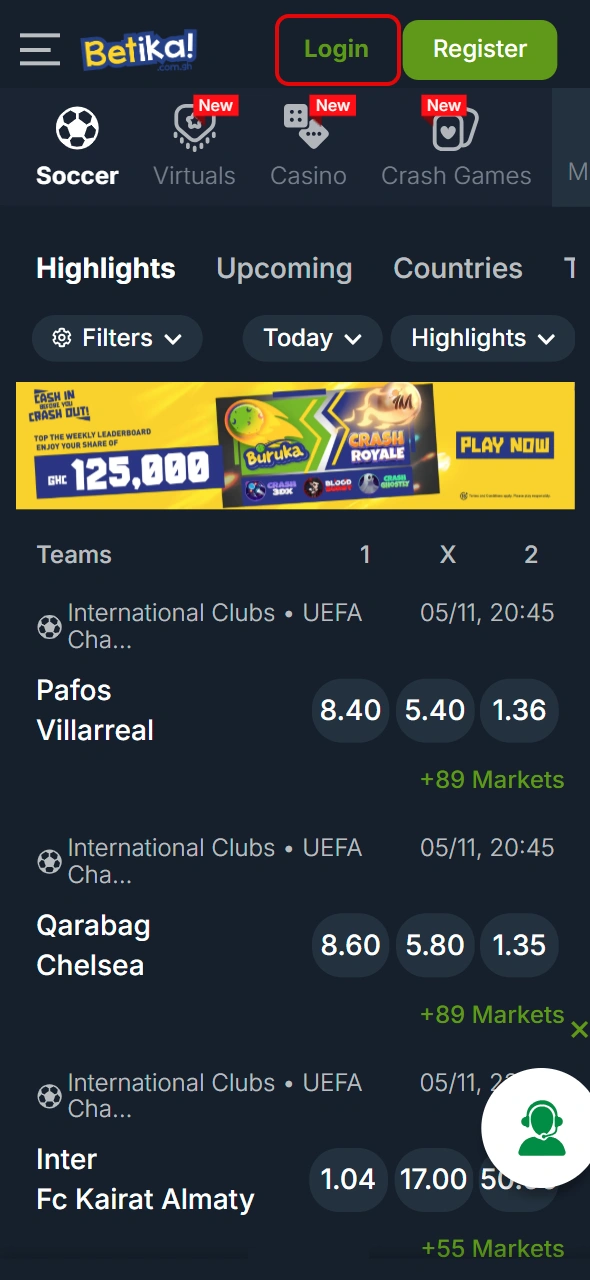 Log into your Betika Ghana account from the main page.