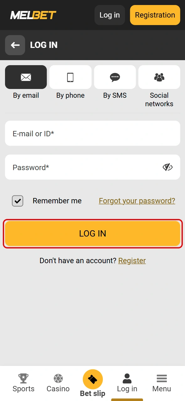 Tap the login button to enter your Melbet Kenya account.