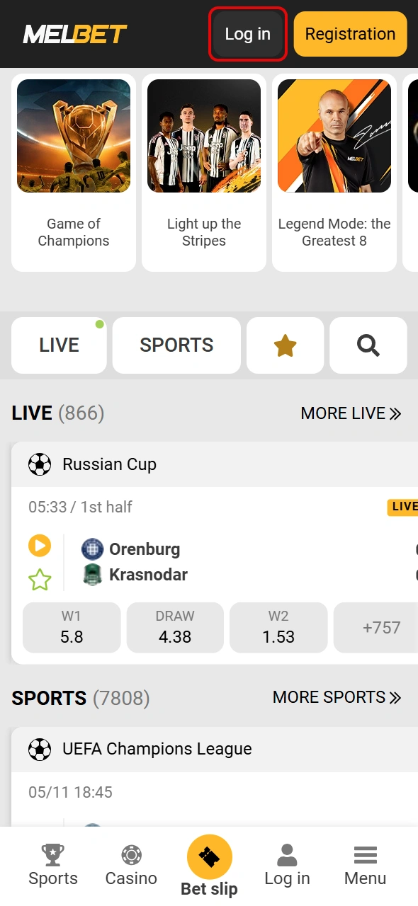 Tap Log in on the top of Melbet Kenya website.