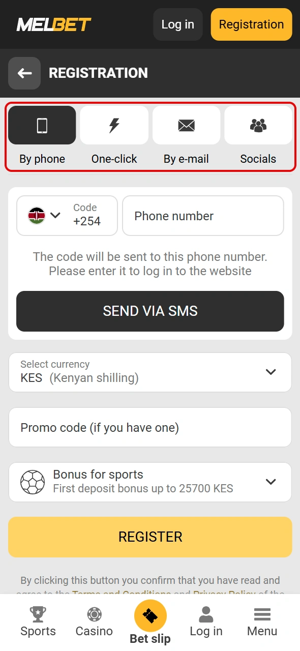 Select your sign up method on Melbet Kenya website.