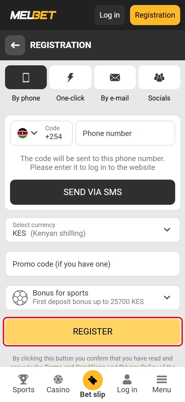 Click Register to submit your Melbet Kenya online signup.