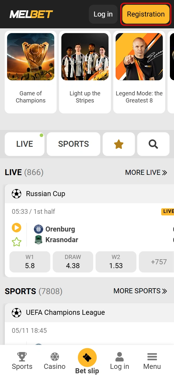 Begin your Melbet Kenya signup by clicking Registration button.