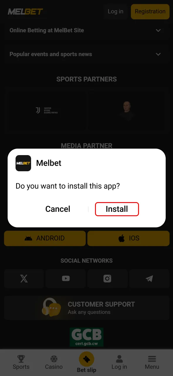 Allow installation to download the Melbet app on your device.