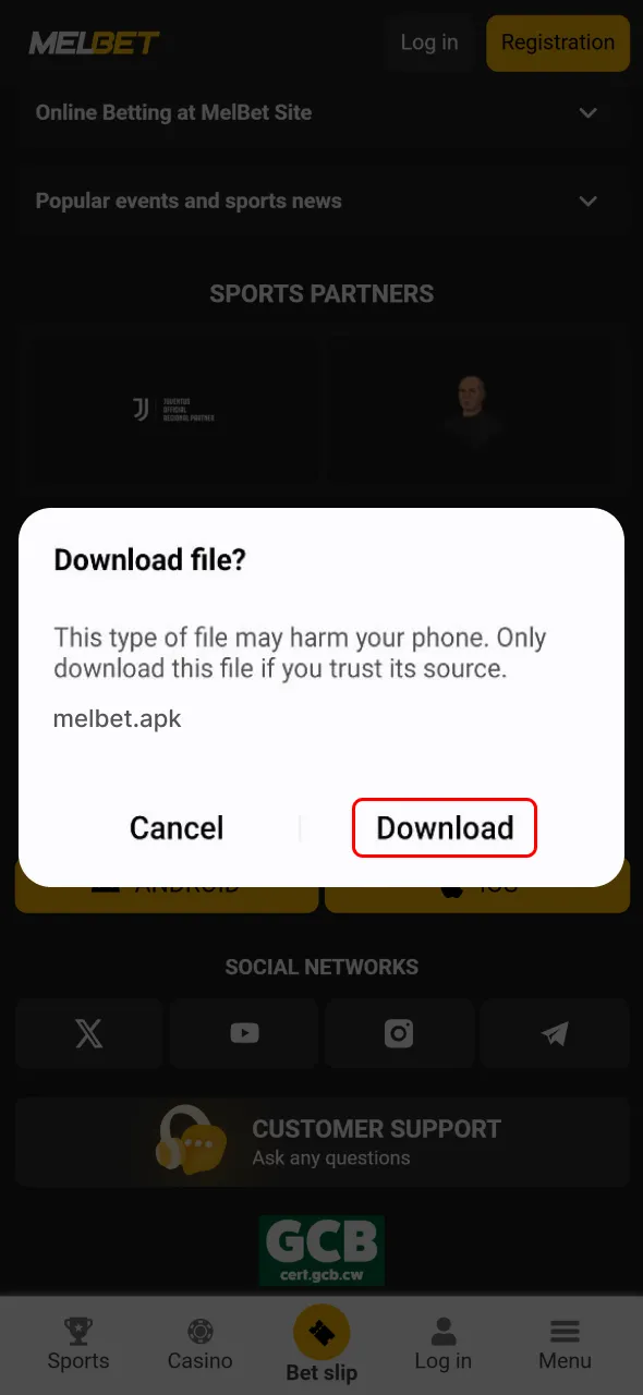 Finish download and install Melbet app to begin betting.