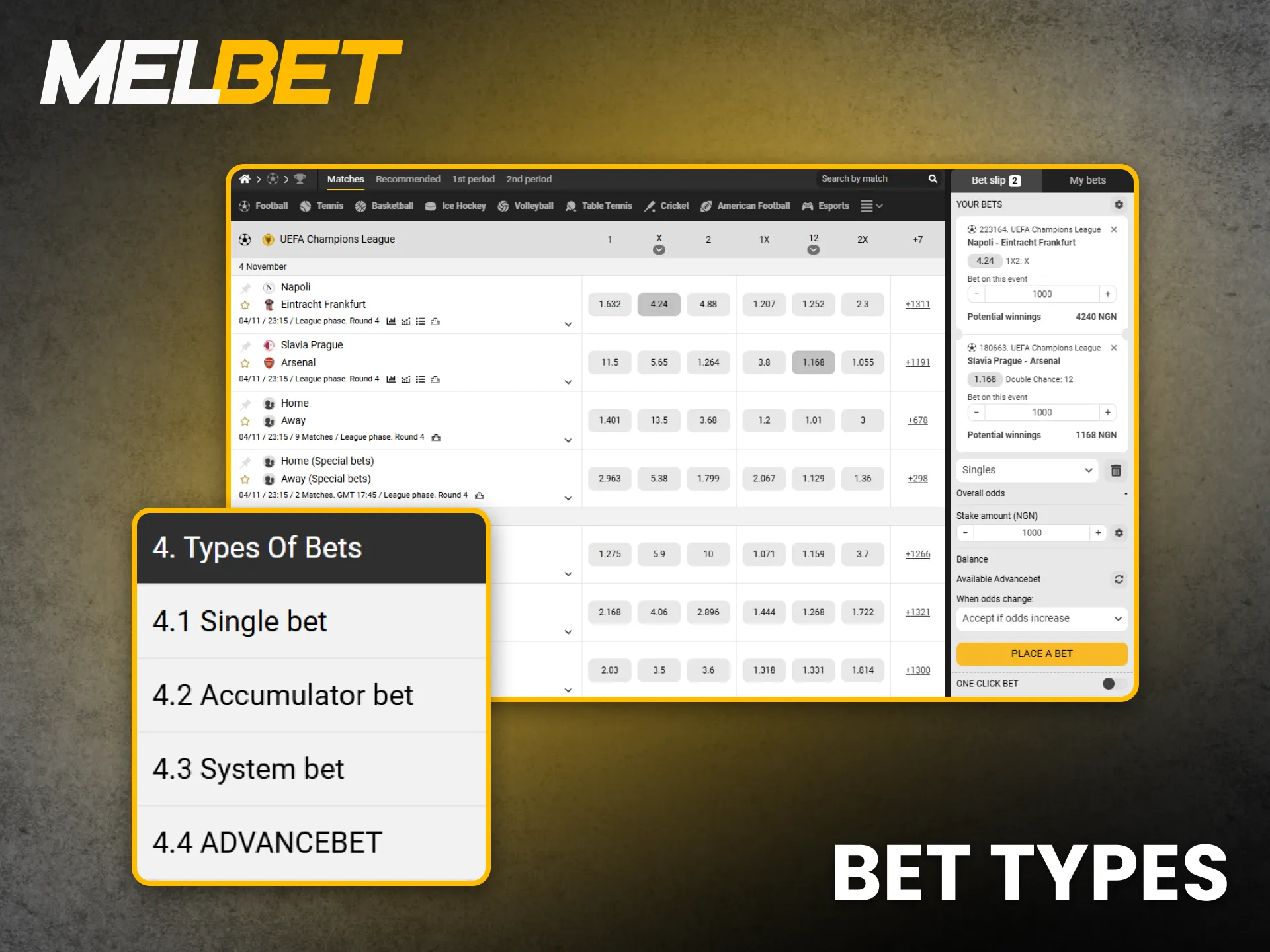 Various bet types on Melbet Nigeria suit every bettor’s style.