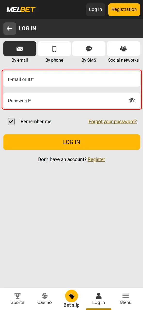 Input credentials to login and manage your Melbet account securely.
