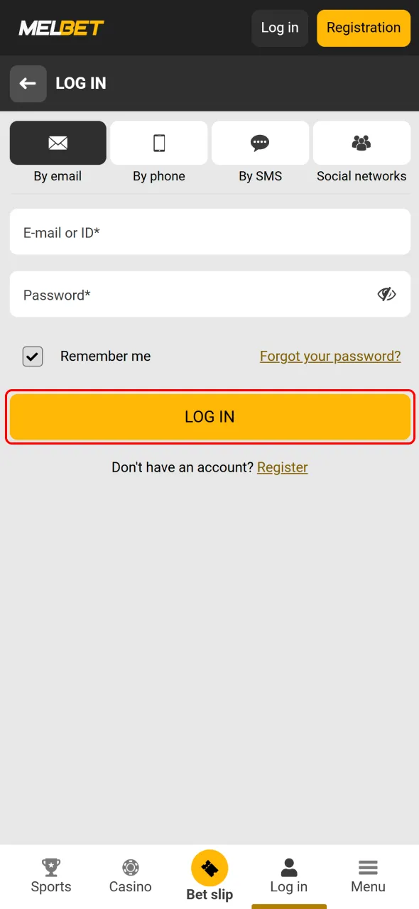 Press log in on Melbet to open your Nigerian player account.